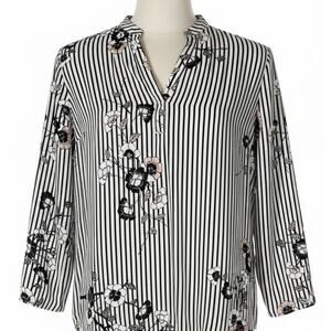 Black Rainn Tunic Blouse Womens XL Black White Floral Sheer Officecore Boho Top